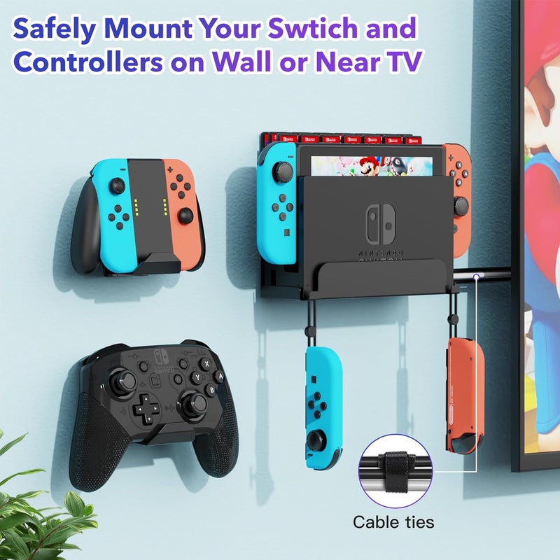 KUNSLUCK Wall Mount for Nintendo Switch/Switch OLED with 2 Controller Wall Mount and 28 Game Card Holders, Safely Store Your Switch Console Near or Behind Your TV (Black) - Image 2